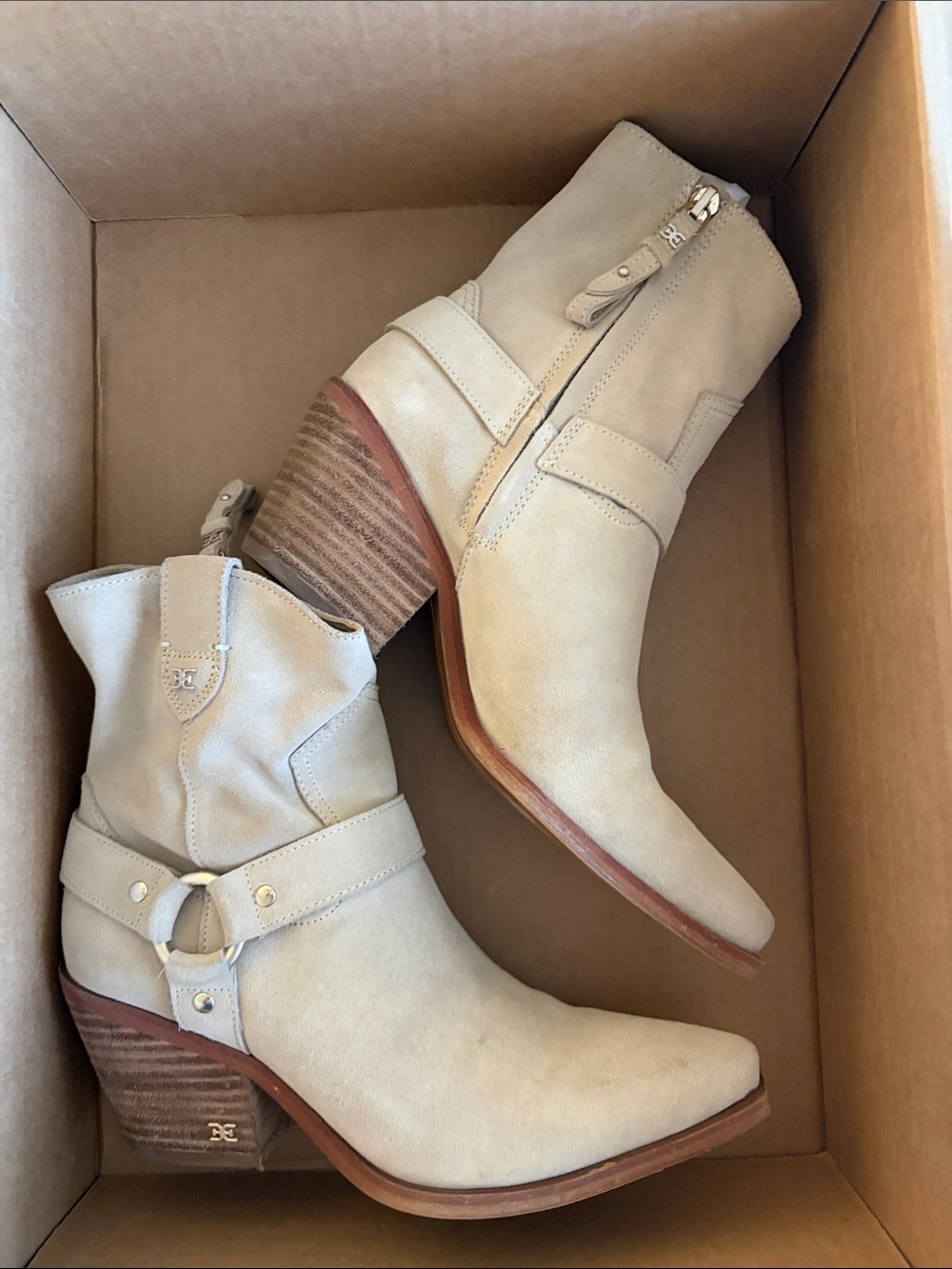 Sam Edelman Beige Suede Western Ankle Booties with Stacked Heel